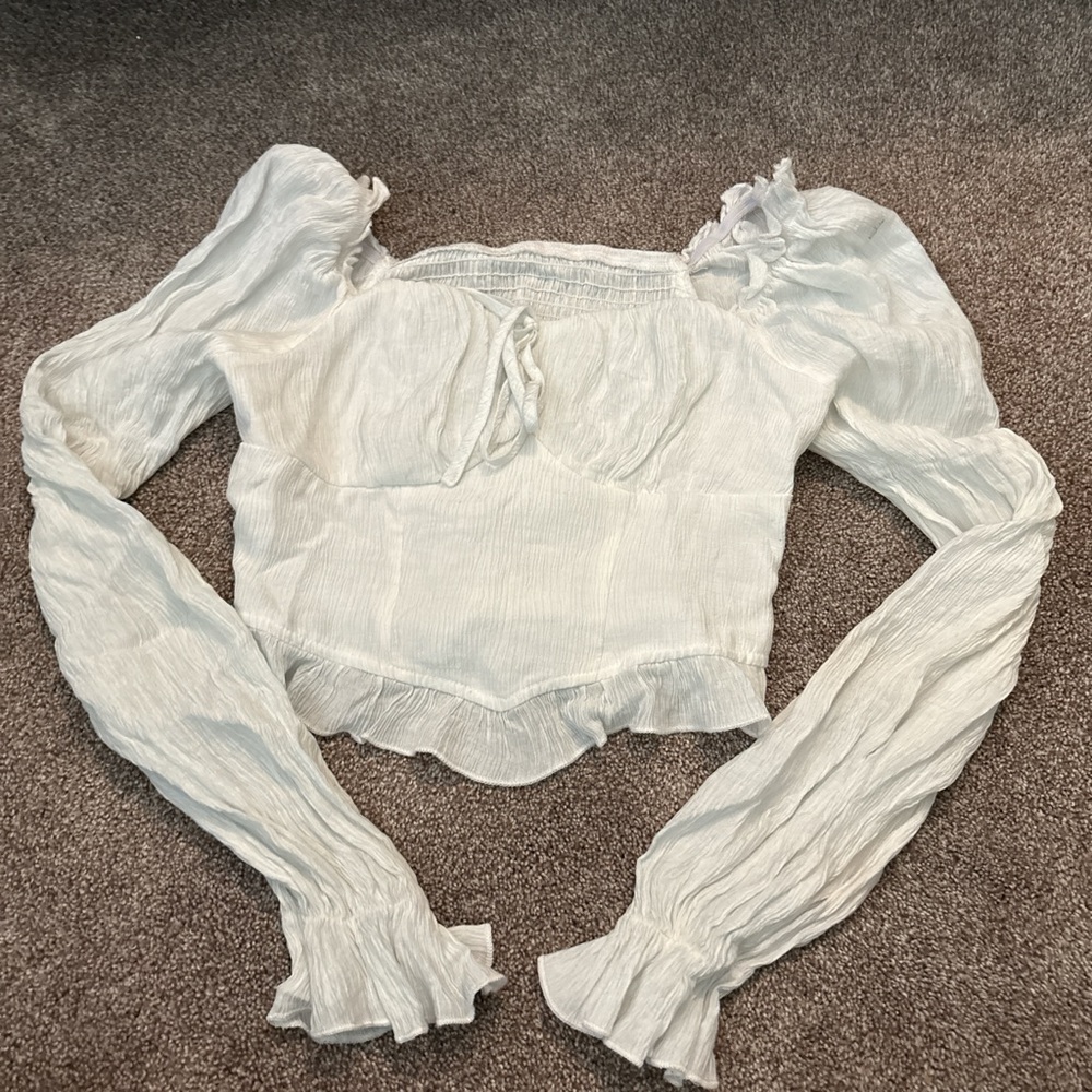 SHEIN White Smocked Crop Blouse with Tie Front